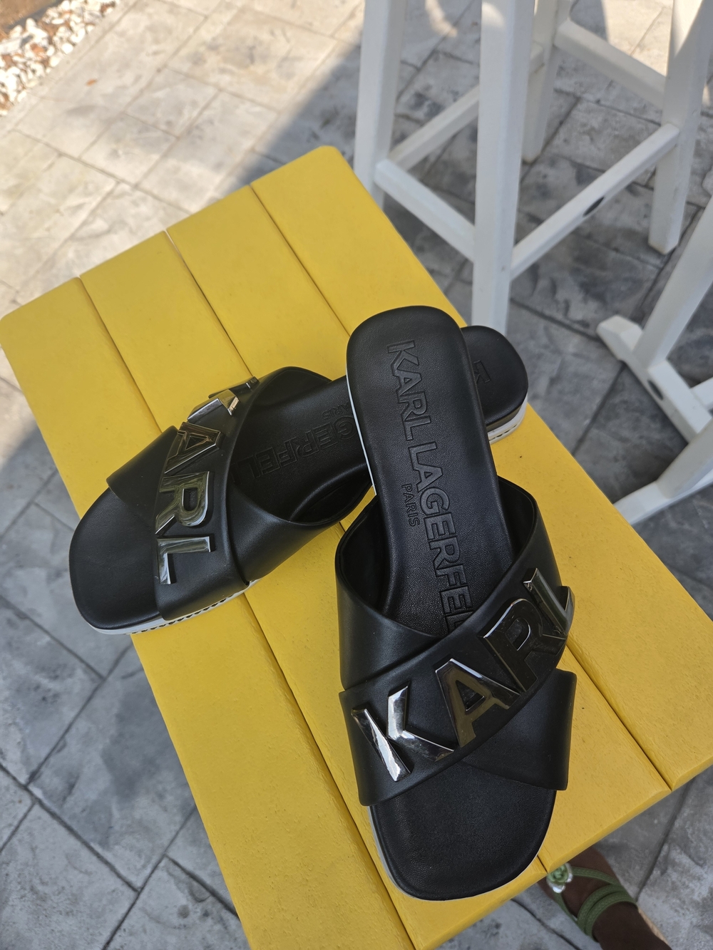 Karl Lagerfeld Black Slide Sandals with Metallic Logo